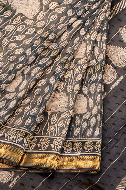 Black Maheshwari Cotton Block Printed Florals Zari Border Saree
