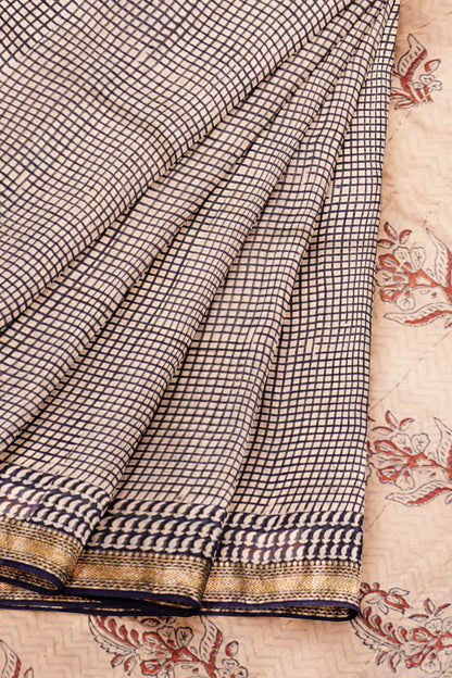 Beige and Black Checks Maheshwari Cotton  Zari Border Saree