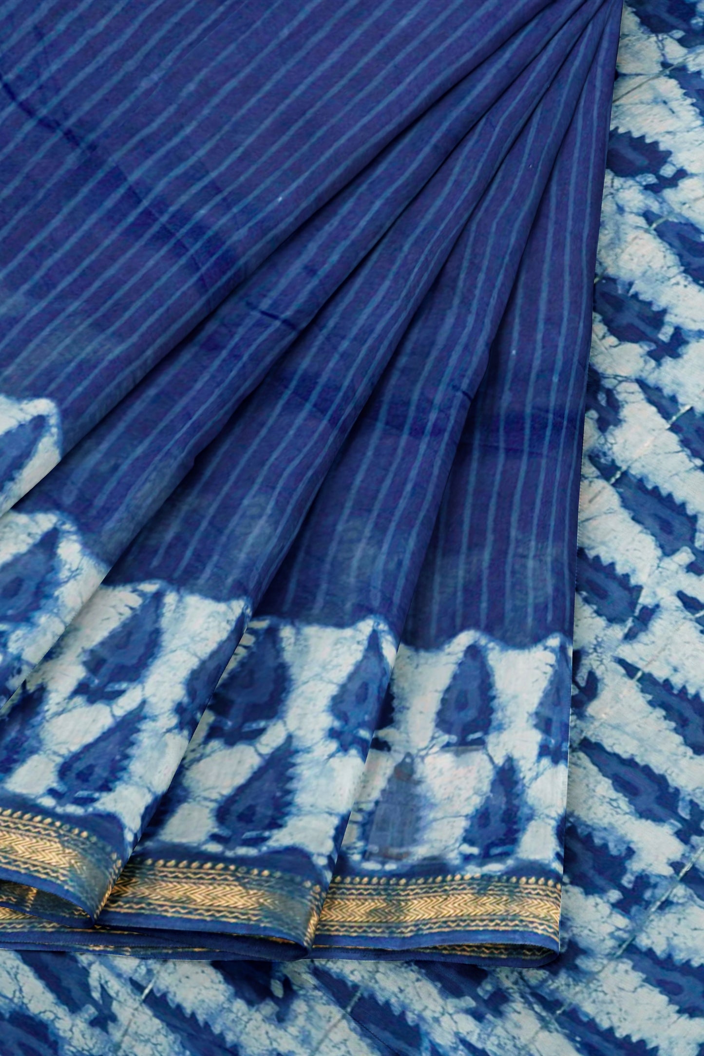 Indigo Blue Maheshwari Cotton Block Printed Zari Border Saree
