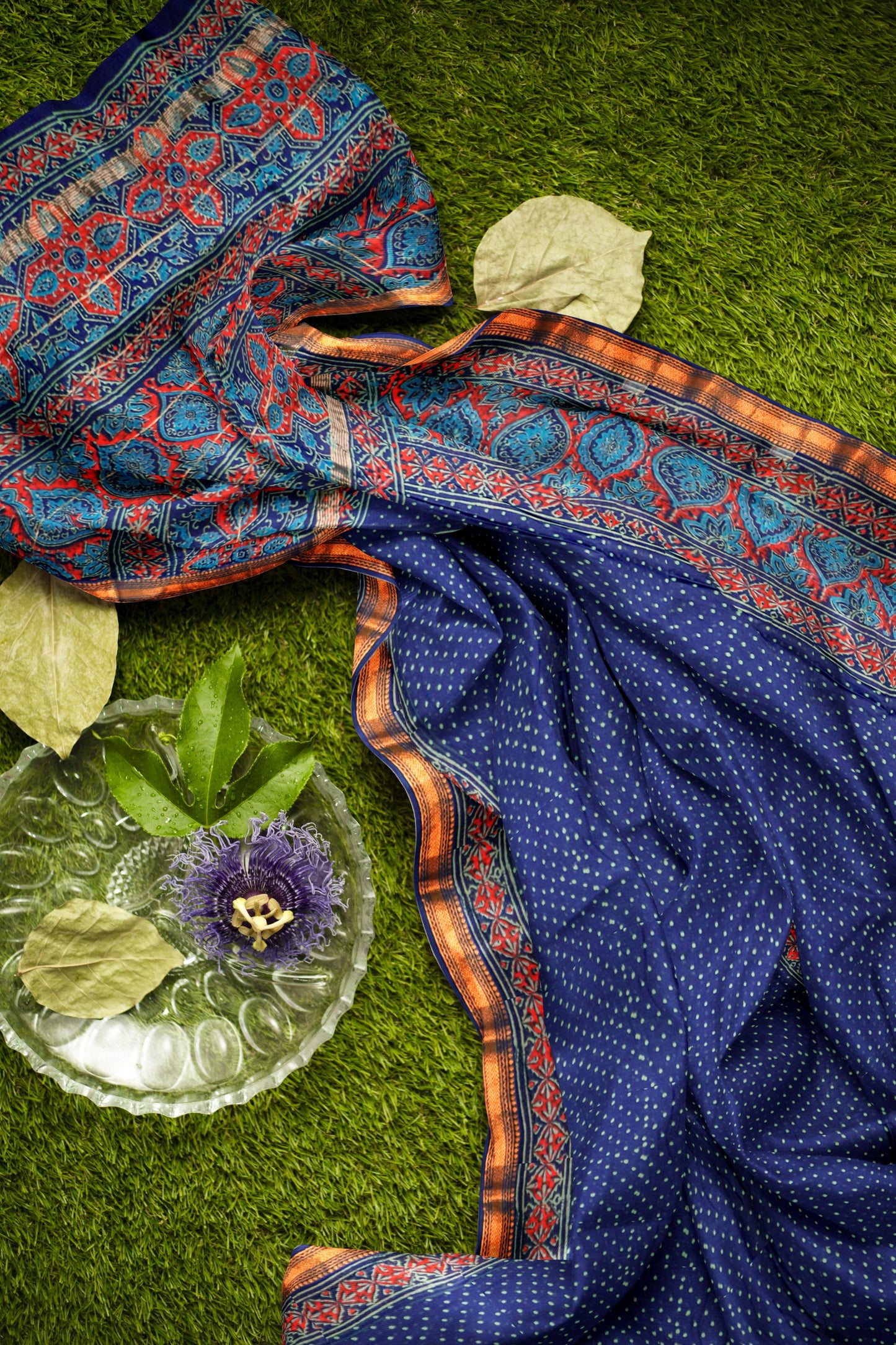 Navy Blue Jaipur Cotton Ajrakh type Prints Zari Border Saree