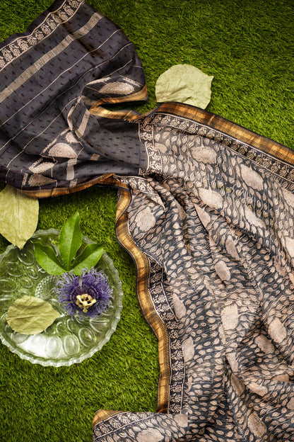 Black Maheshwari Cotton Block Printed Florals Zari Border Saree