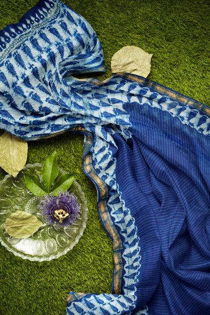 Indigo Blue Maheshwari Cotton Block Printed Zari Border Saree