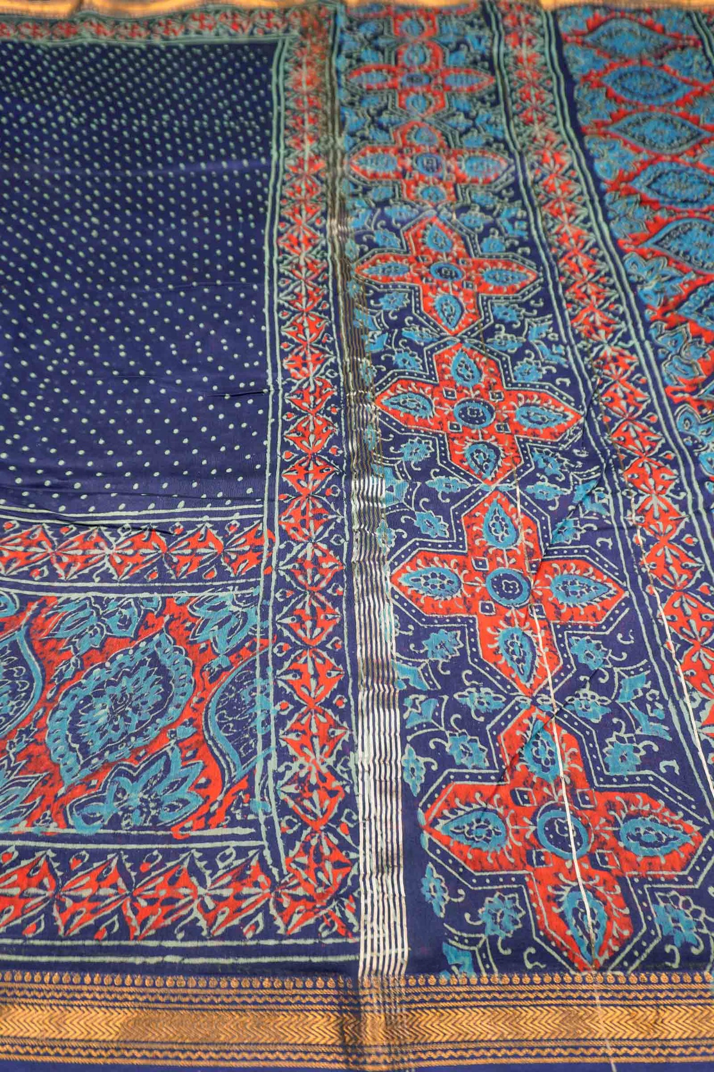Navy Blue Jaipur Cotton Ajrakh type Prints Zari Border Saree