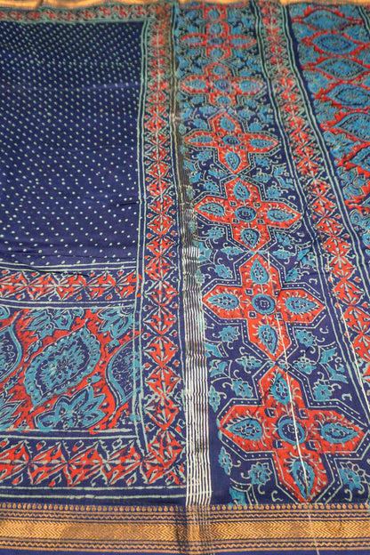 Navy Blue Jaipur Cotton Ajrakh type Prints Zari Border Saree