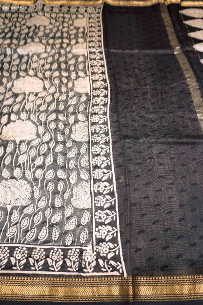 Black Maheshwari Cotton Block Printed Florals Zari Border Saree