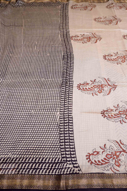 Beige and Black Checks Maheshwari Cotton  Zari Border Saree