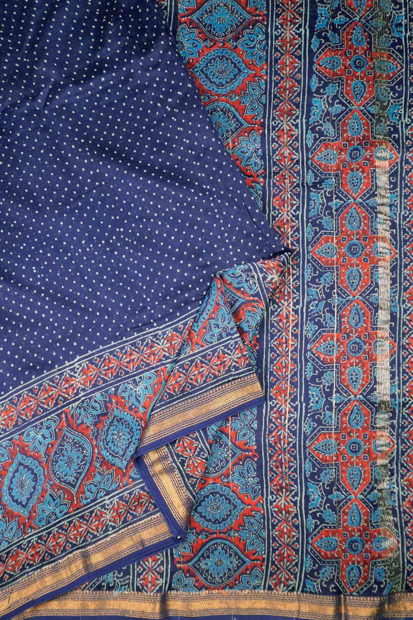 Navy Blue Jaipur Cotton Ajrakh type Prints Zari Border Saree