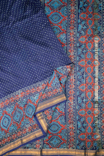Navy Blue Jaipur Cotton Ajrakh type Prints Zari Border Saree