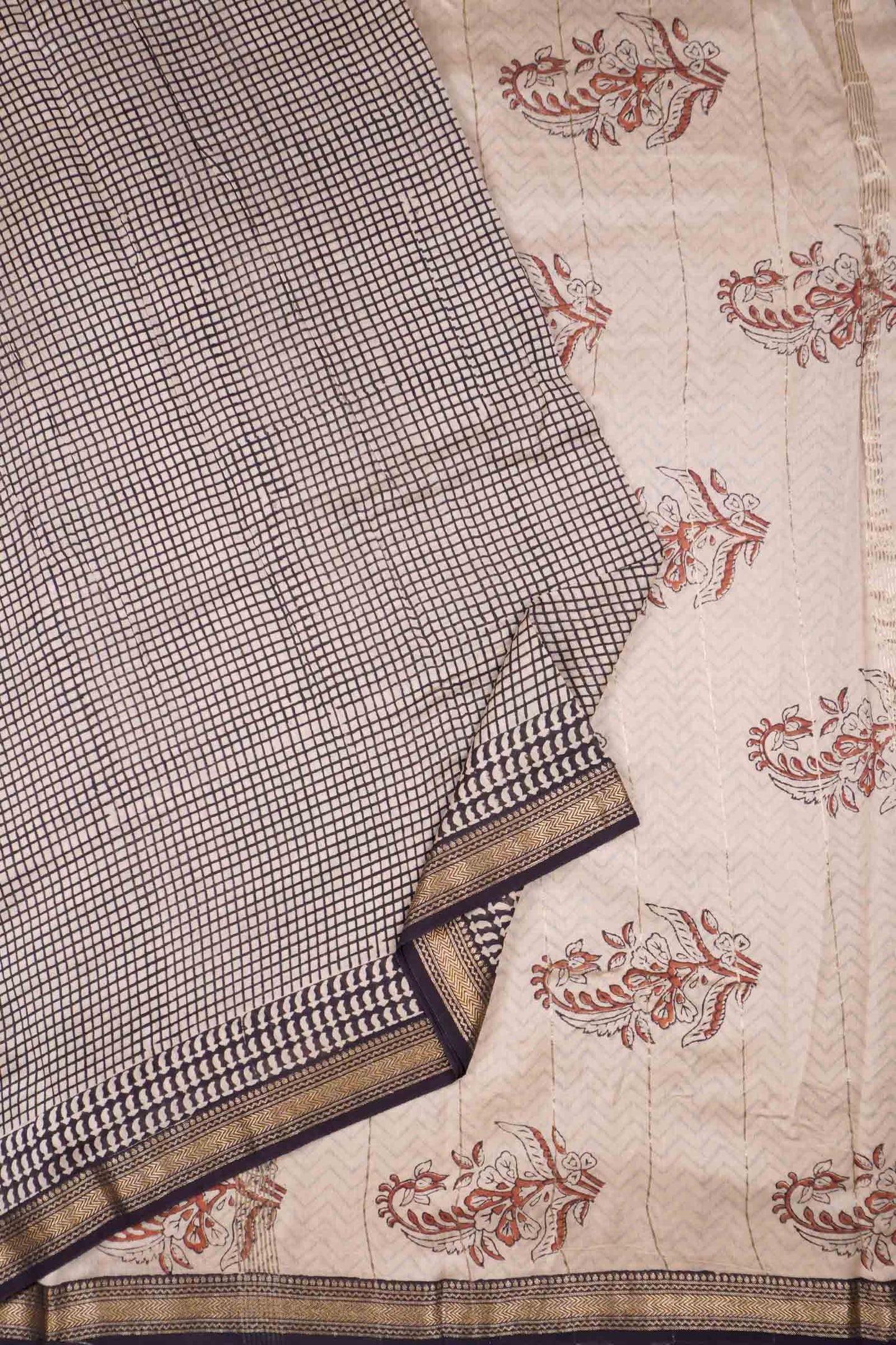 Beige and Black Checks Maheshwari Cotton  Zari Border Saree