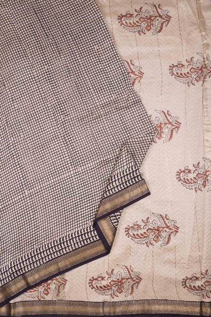Beige and Black Checks Maheshwari Cotton  Zari Border Saree