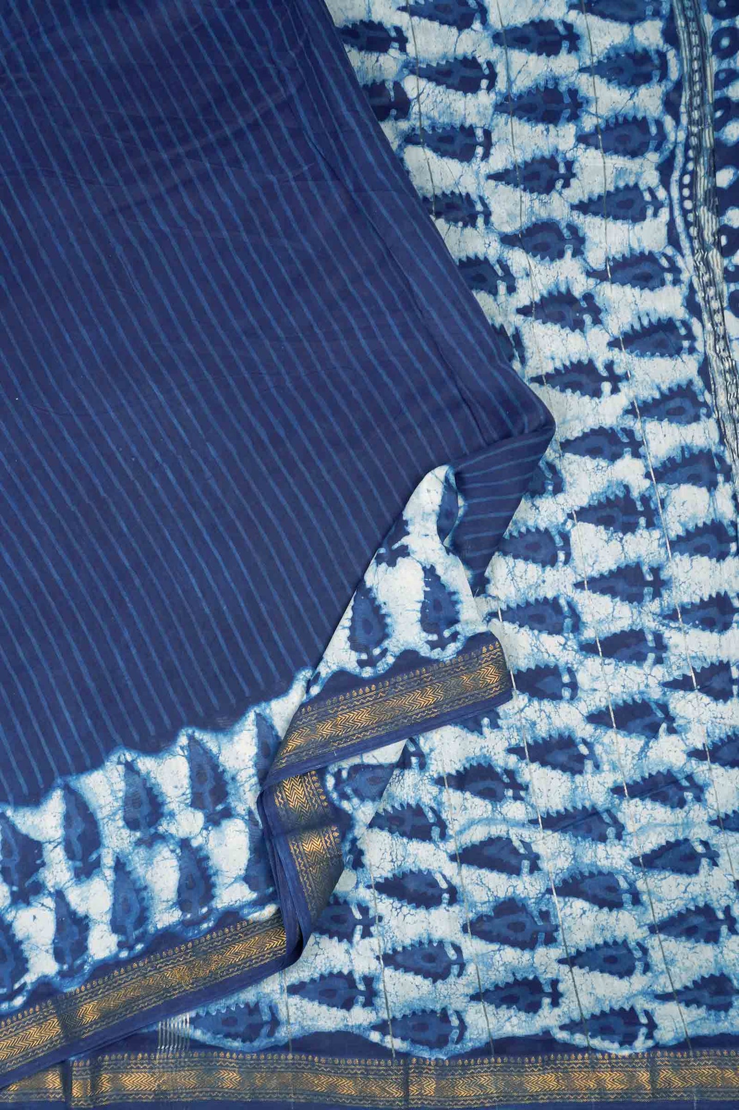 Indigo Blue Maheshwari Cotton Block Printed Zari Border Saree