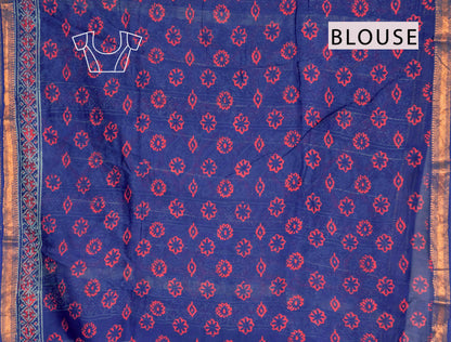 Navy Blue Jaipur Cotton Ajrakh type Prints Zari Border Saree