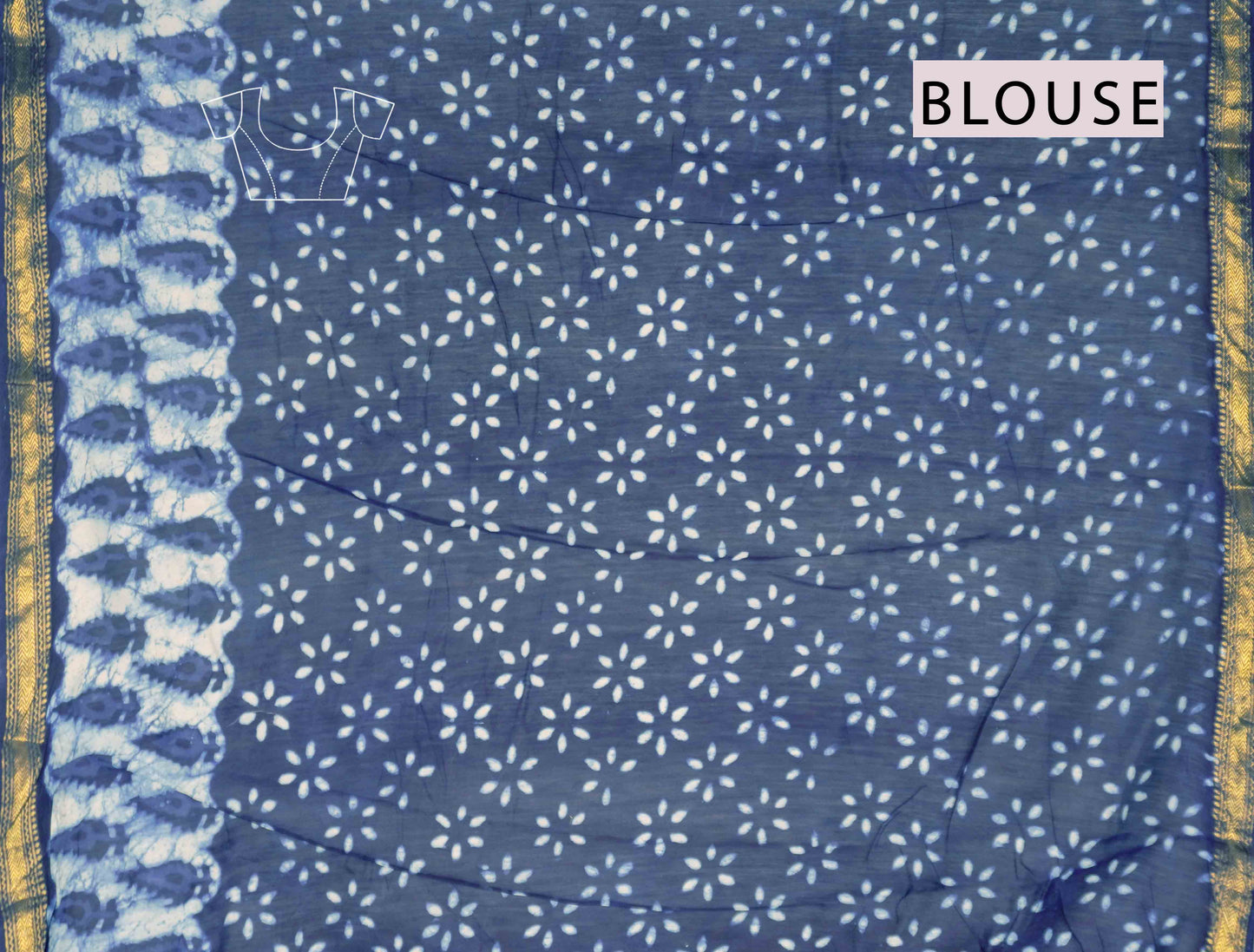 Indigo Blue Maheshwari Cotton Block Printed Zari Border Saree