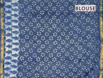 Indigo Blue Maheshwari Cotton Block Printed Zari Border Saree