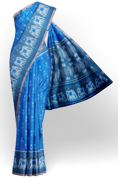 Blue Ikkat Inspired Prints Fancy Cotton Saree