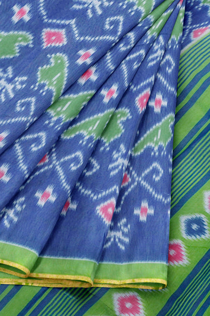 Dark Blue Ikkat Inspired Prints Fancy Cotton Saree
