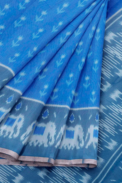 Blue Ikkat Inspired Prints Fancy Cotton Saree