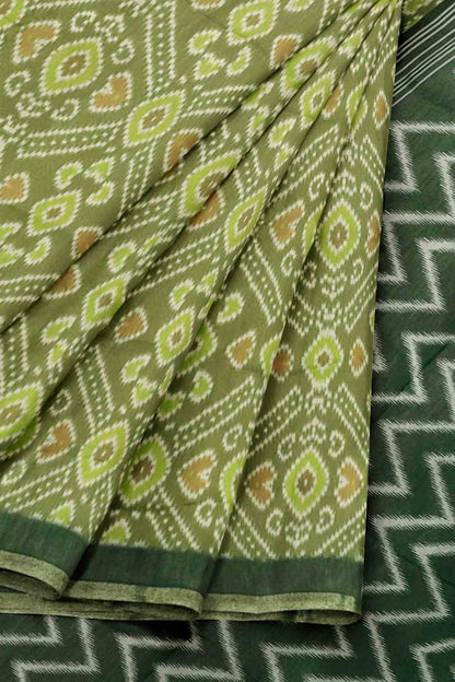 Olive Green Pochampalli Inspired Prints Fancy Cotton Saree