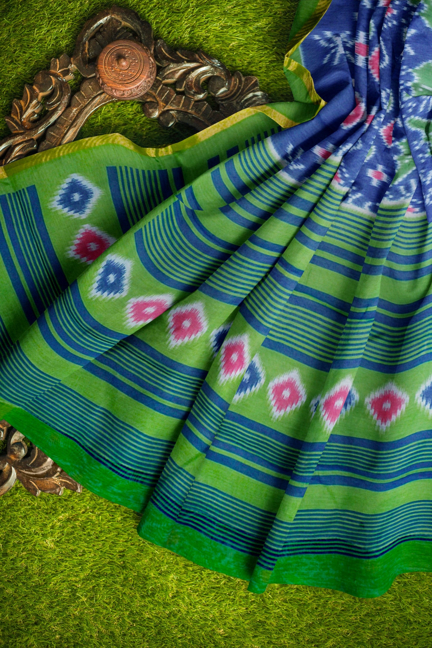 Dark Blue Ikkat Inspired Prints Fancy Cotton Saree