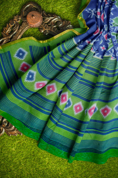 Dark Blue Ikkat Inspired Prints Fancy Cotton Saree