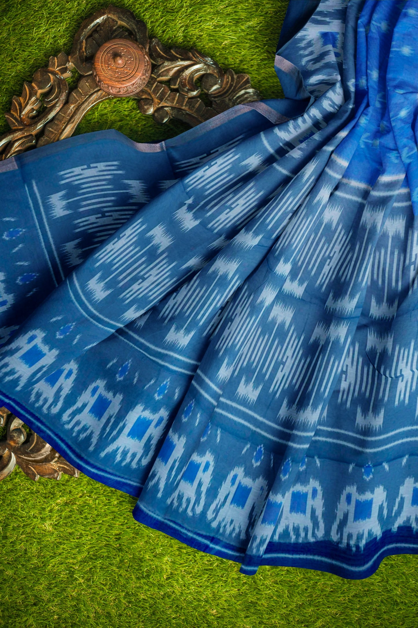 Blue Ikkat Inspired Prints Fancy Cotton Saree