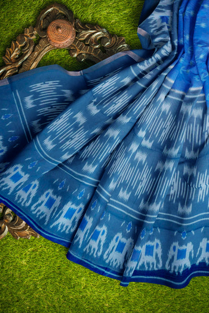 Blue Ikkat Inspired Prints Fancy Cotton Saree