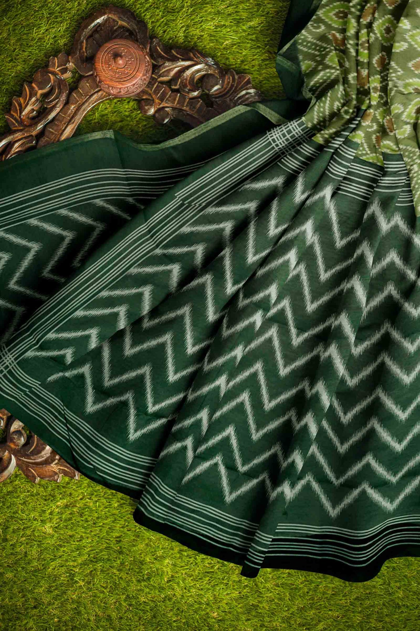 Olive Green Pochampalli Inspired Prints Fancy Cotton Saree