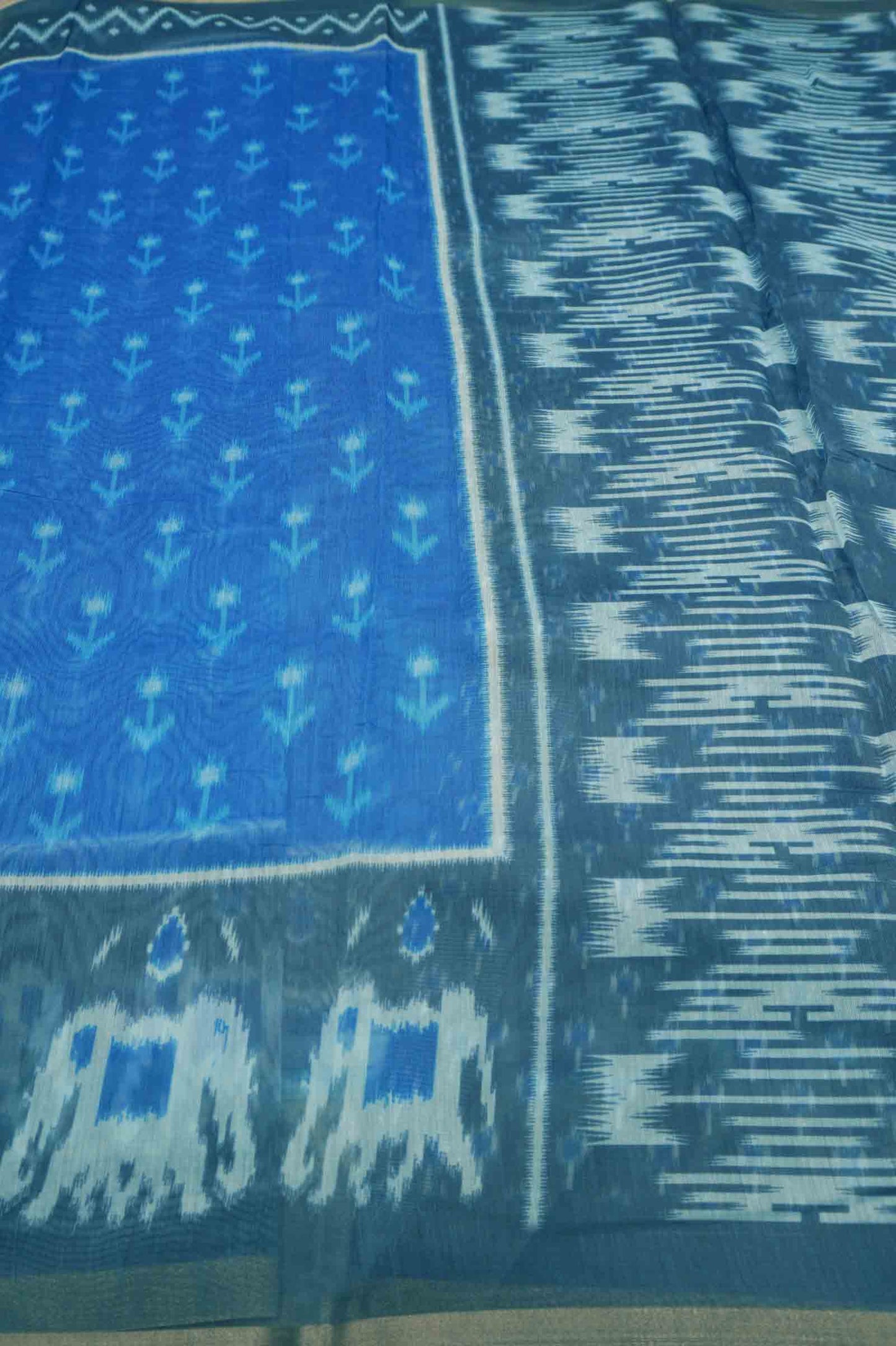 Blue Ikkat Inspired Prints Fancy Cotton Saree