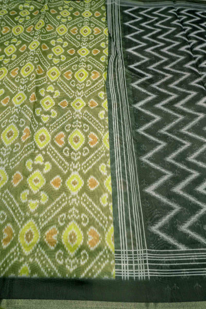 Olive Green Pochampalli Inspired Prints Fancy Cotton Saree