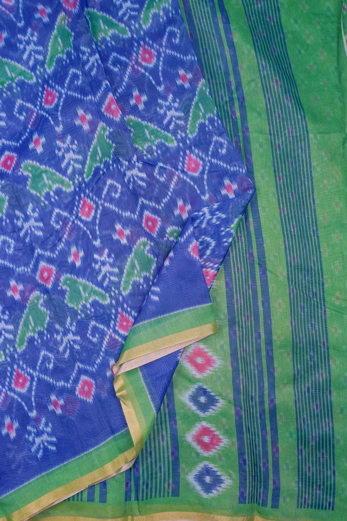 Dark Blue Ikkat Inspired Prints Fancy Cotton Saree