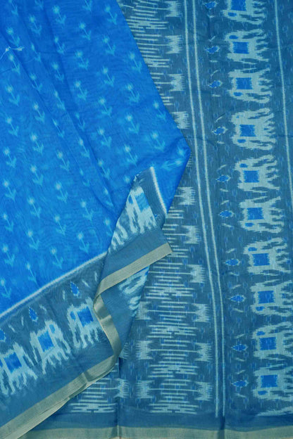Blue Ikkat Inspired Prints Fancy Cotton Saree