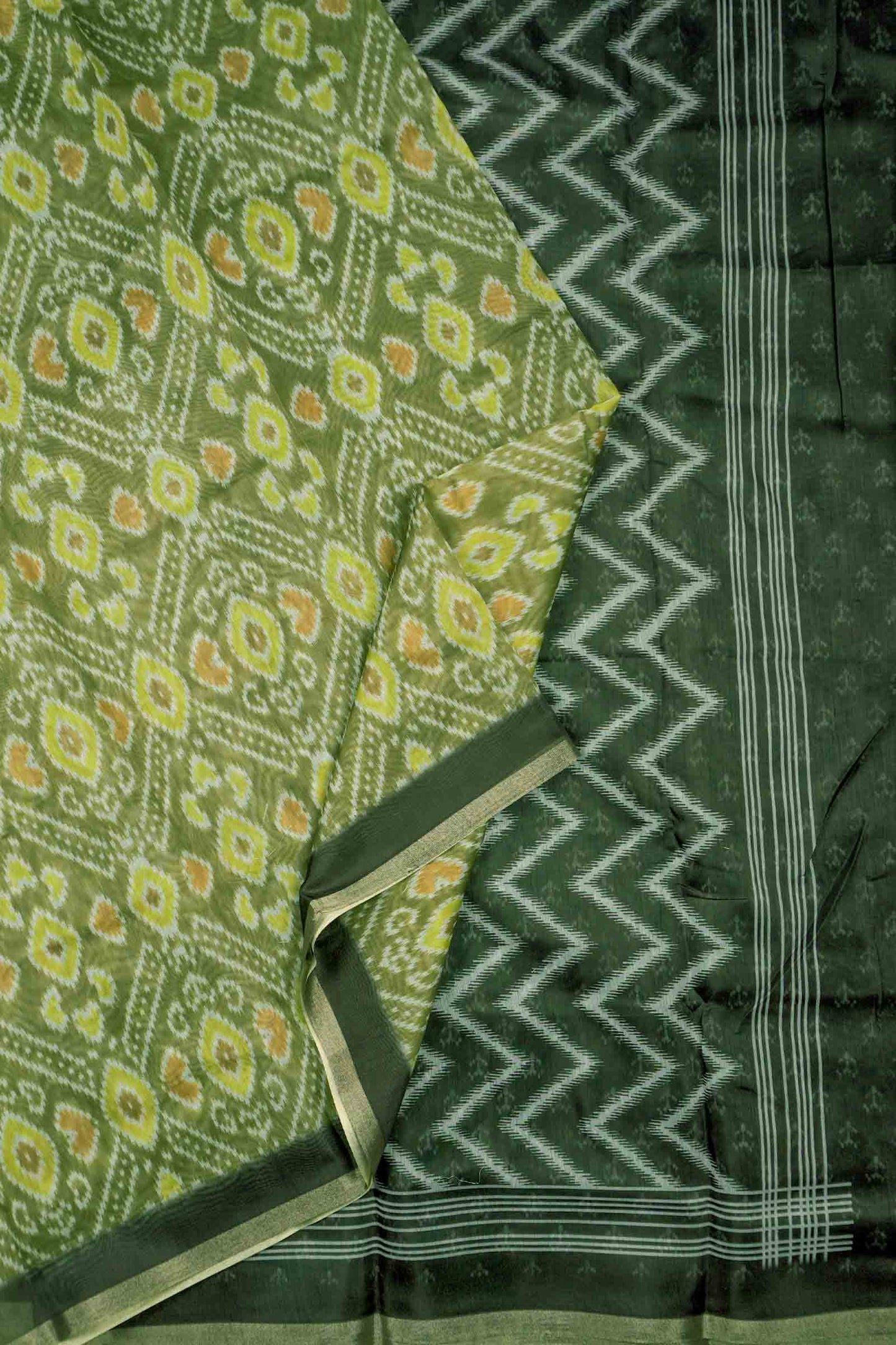 Olive Green Pochampalli Inspired Prints Fancy Cotton Saree