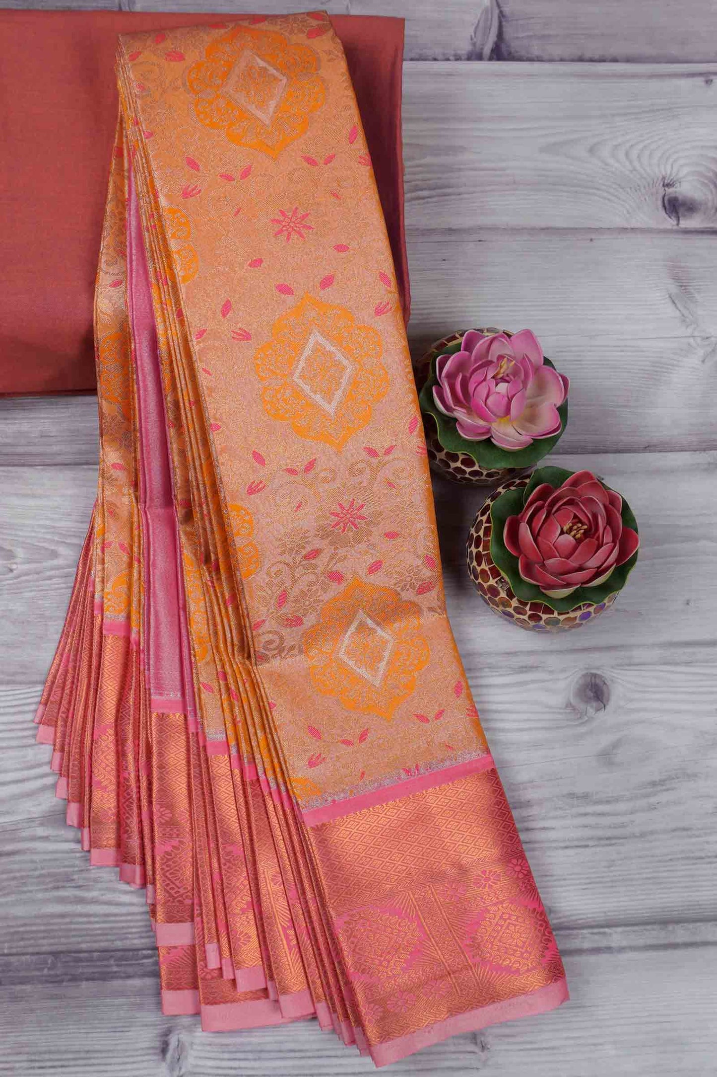 Mustard Yellow Pink Semi Silk Tissue Floral Vines Zari Pallu Saree