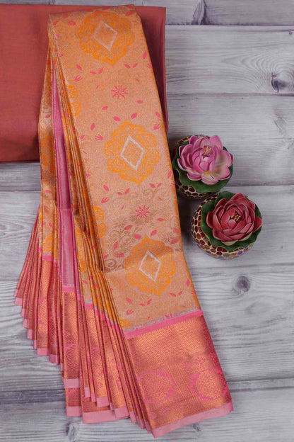 Mustard Yellow Pink Semi Silk Tissue Floral Vines Zari Pallu Saree