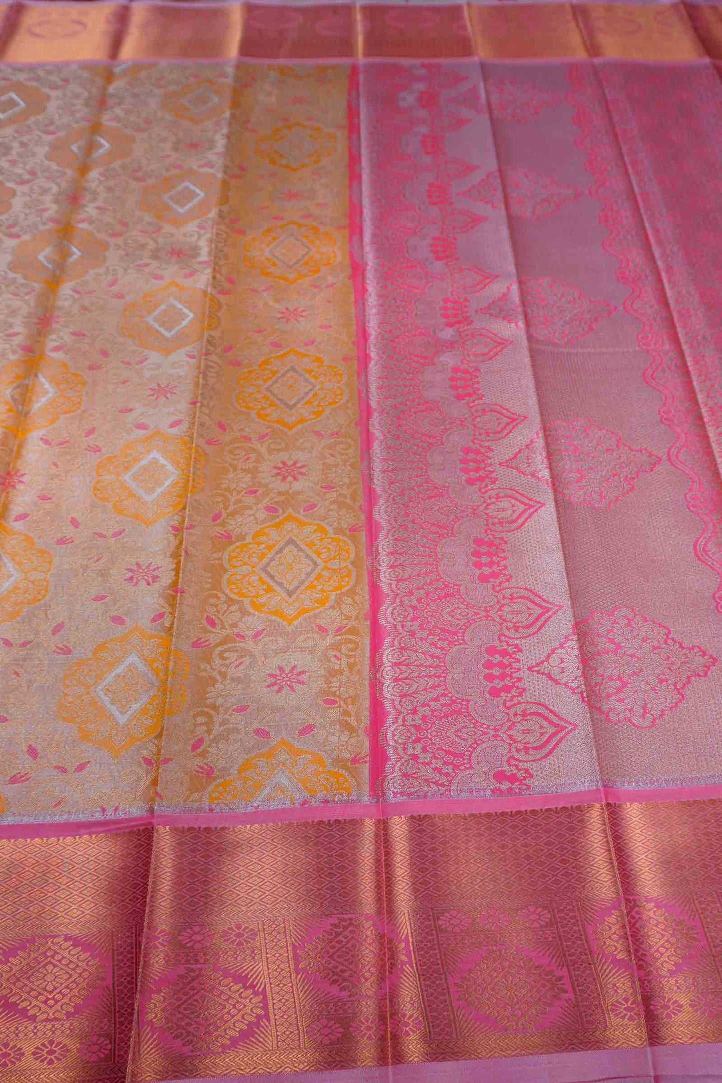 Mustard Yellow Pink Semi Silk Tissue Floral Vines Zari Pallu Saree