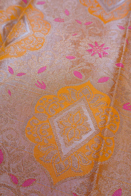 Mustard Yellow Pink Semi Silk Tissue Floral Vines Zari Pallu Saree
