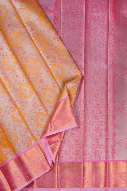 Mustard Yellow Pink Semi Silk Tissue Floral Vines Zari Pallu Saree