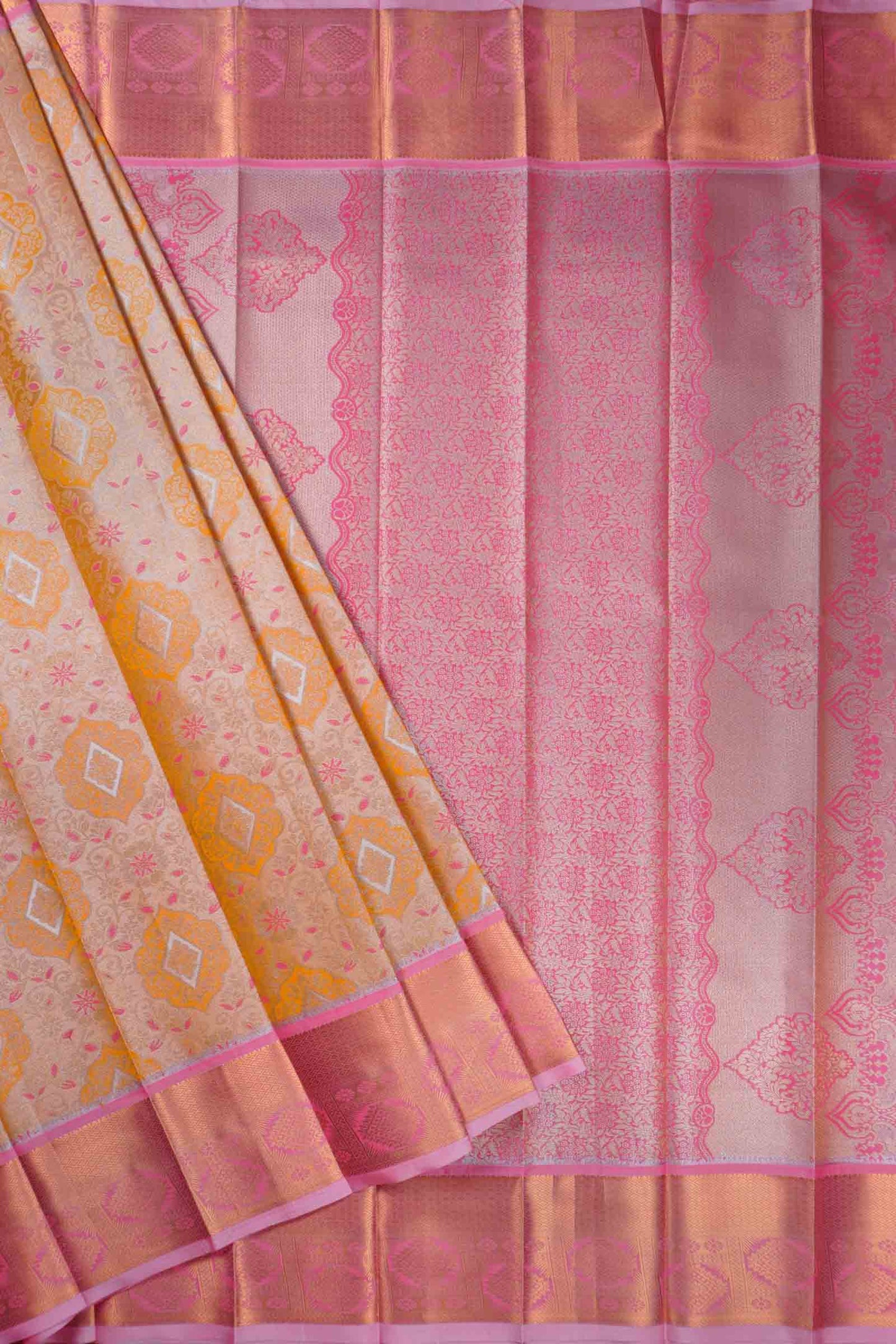 Mustard Yellow Pink Semi Silk Tissue Floral Vines Zari Pallu Saree