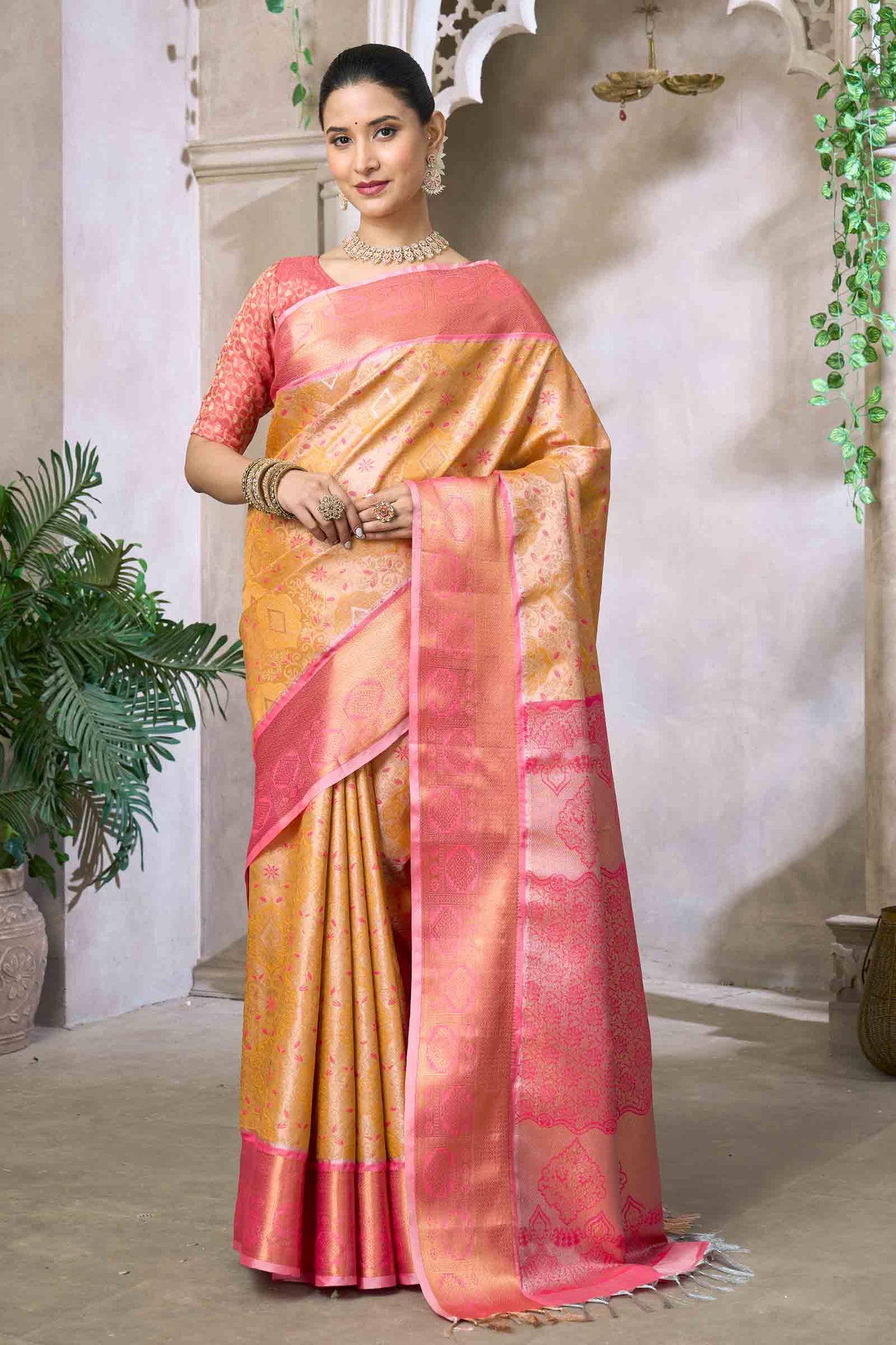 Mustard Yellow Pink Semi Silk Tissue Floral Vines Zari Pallu Saree