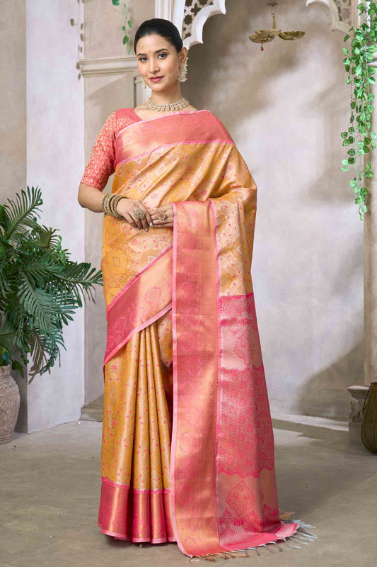 Mustard Yellow Pink Semi Silk Tissue Floral Vines Zari Pallu Saree
