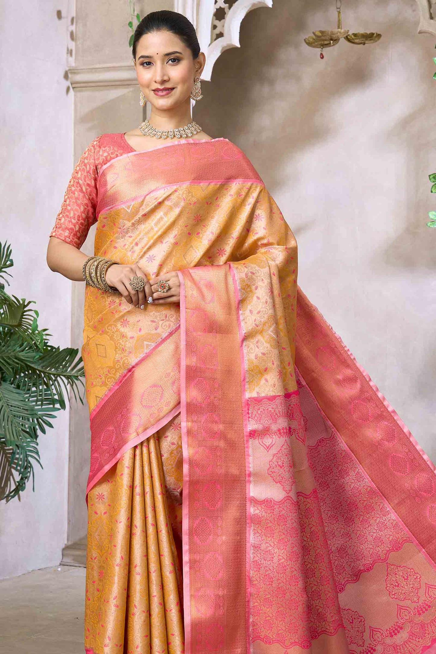 Mustard Yellow Pink Semi Silk Tissue Floral Vines Zari Pallu Saree