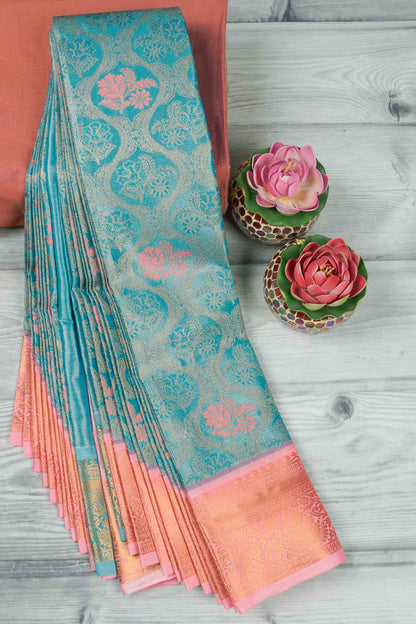 Sky Blue Semi Silk Tissue Floral Vines Contrast Zari Border Pallu Saree