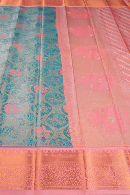 Sky Blue Semi Silk Tissue Floral Vines Contrast Zari Border Pallu Saree
