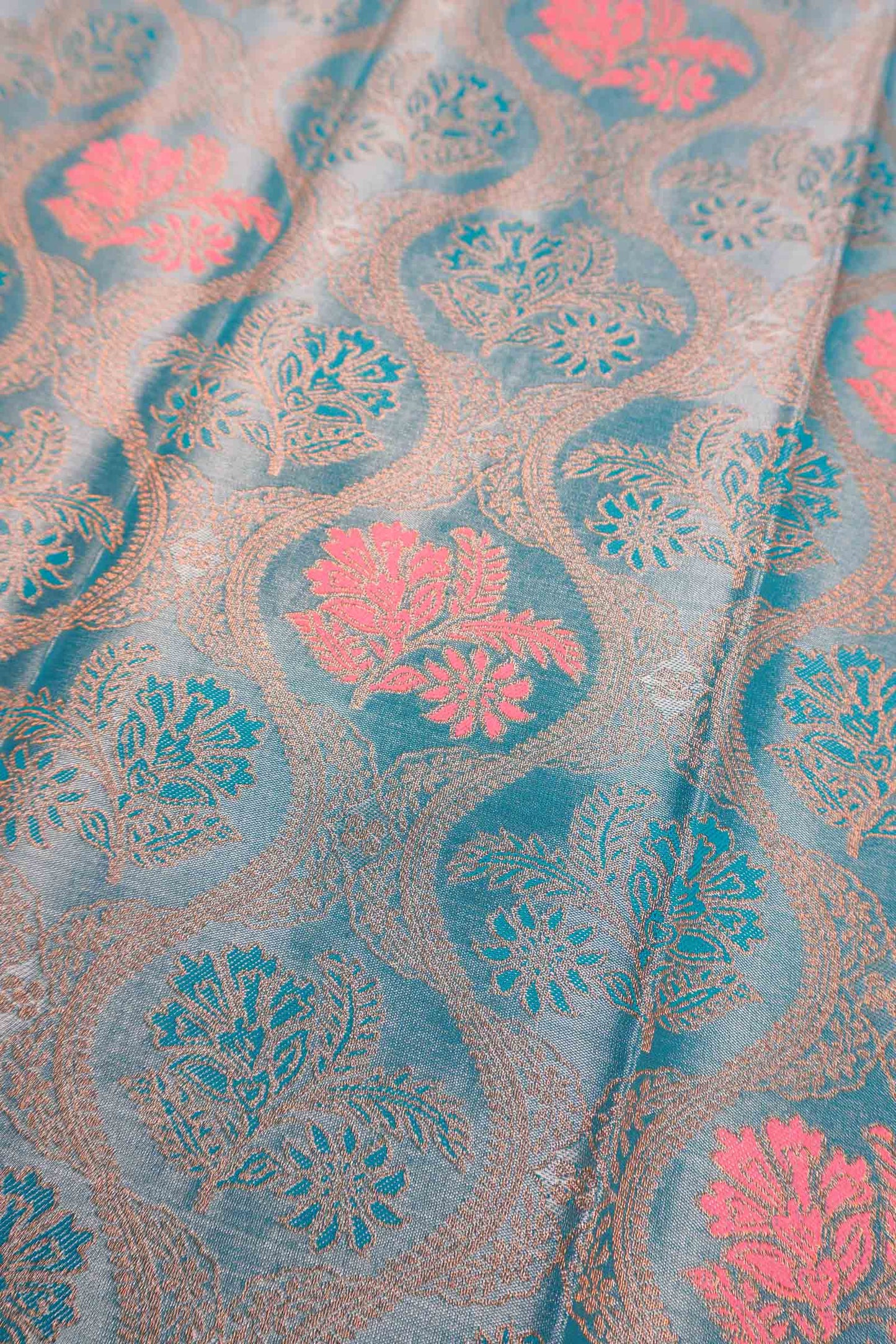 Sky Blue Semi Silk Tissue Floral Vines Contrast Zari Border Pallu Saree