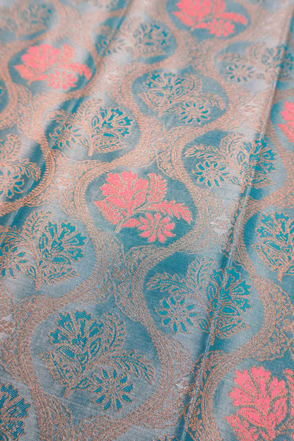 Sky Blue Semi Silk Tissue Floral Vines Contrast Zari Border Pallu Saree