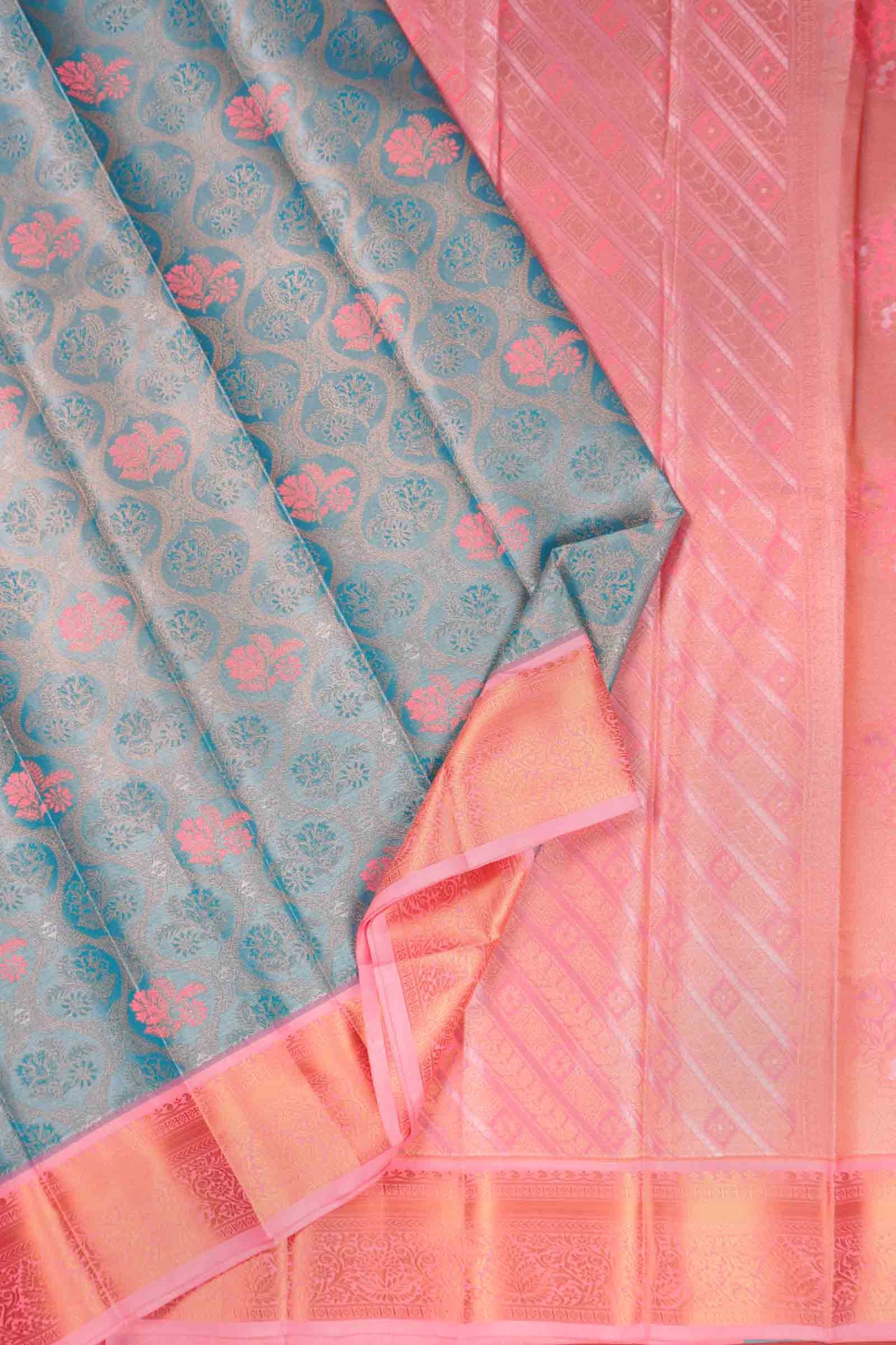 Sky Blue Semi Silk Tissue Floral Vines Contrast Zari Border Pallu Saree