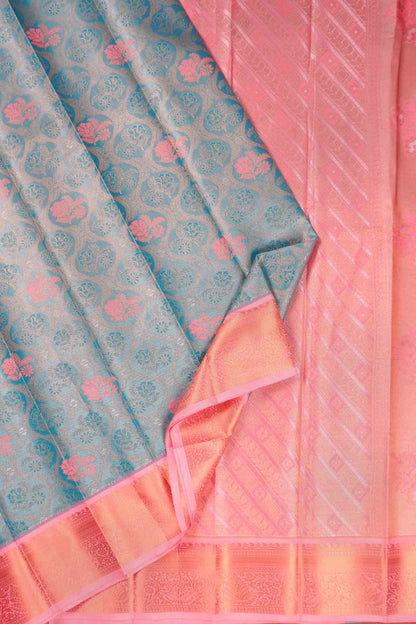 Sky Blue Semi Silk Tissue Floral Vines Contrast Zari Border Pallu Saree