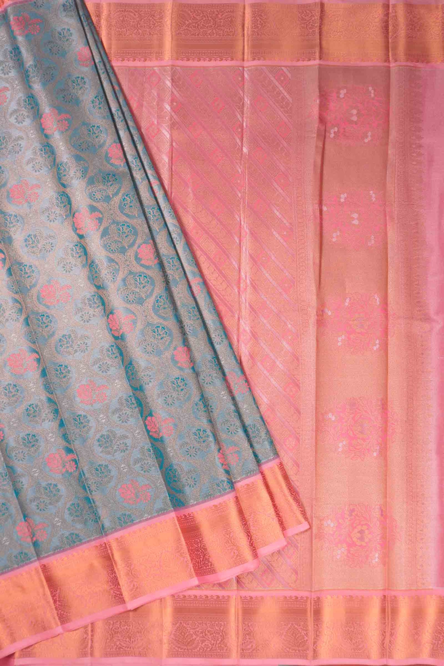 Sky Blue Semi Silk Tissue Floral Vines Contrast Zari Border Pallu Saree