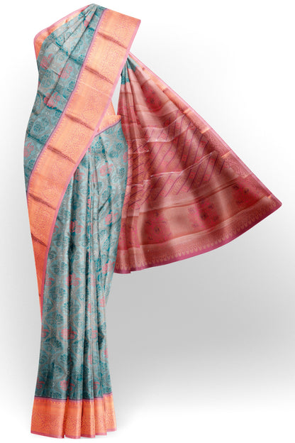 Sky Blue Semi Silk Tissue Floral Vines Contrast Zari Border Pallu Saree
