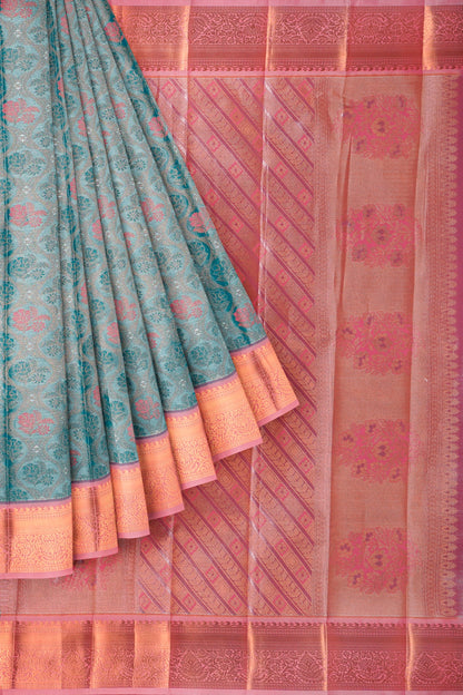Sky Blue Semi Silk Tissue Floral Vines Contrast Zari Border Pallu Saree